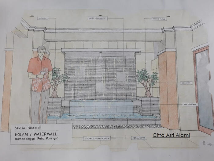 Sketsa desain kolam dengan batu alam Citra Asri Alami